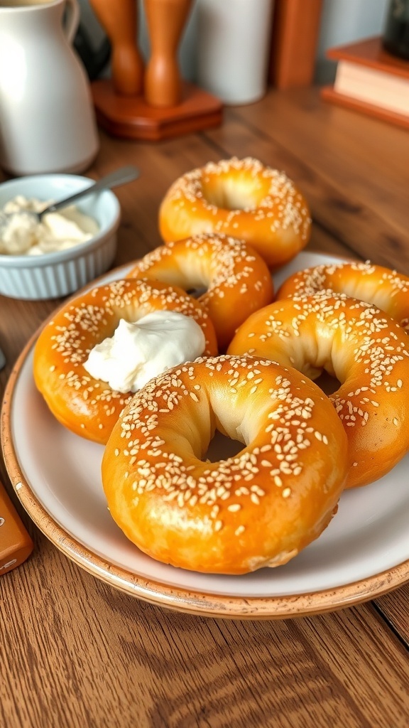 Freshly baked zero carb bagels topped with sesame seeds on a wooden table with cream cheese.